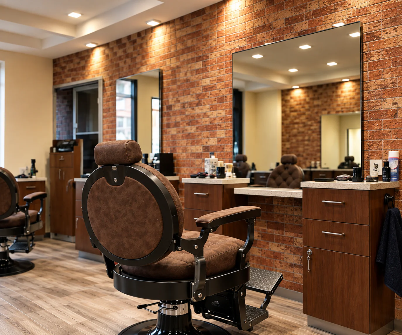 A vintage brown leather barber chair at a walnut station in front of a large mirror on the exposed brick wall.