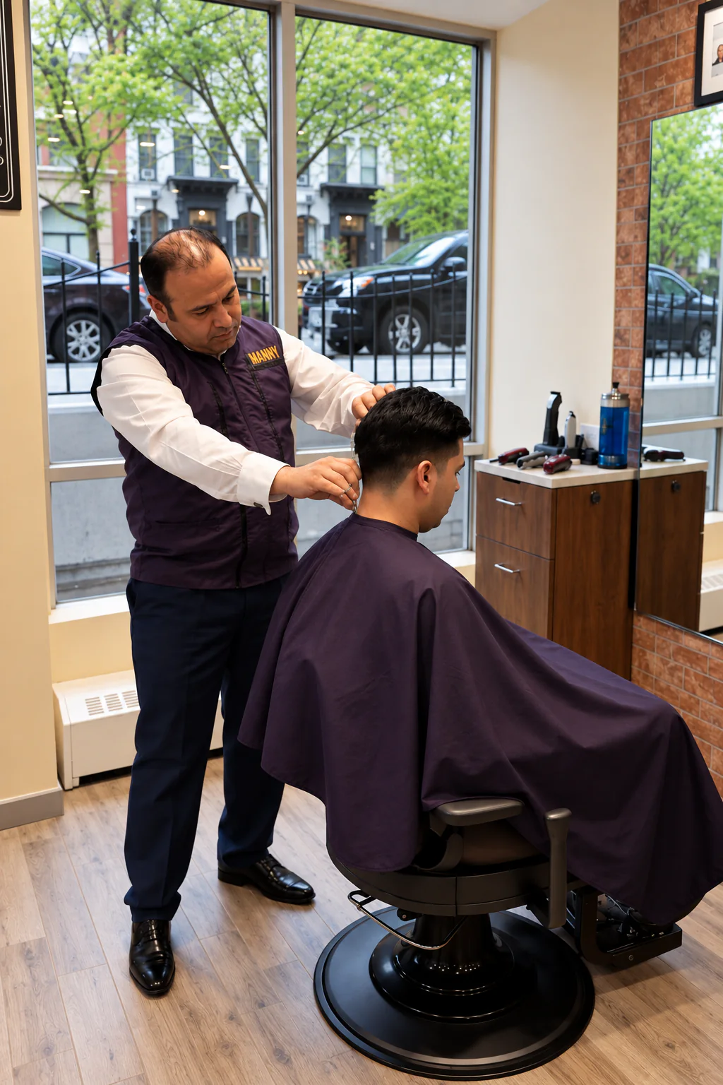 Manny cutting a client's hair with scissors beside the front window at Best In Class Barbershop, with the street visible outside.